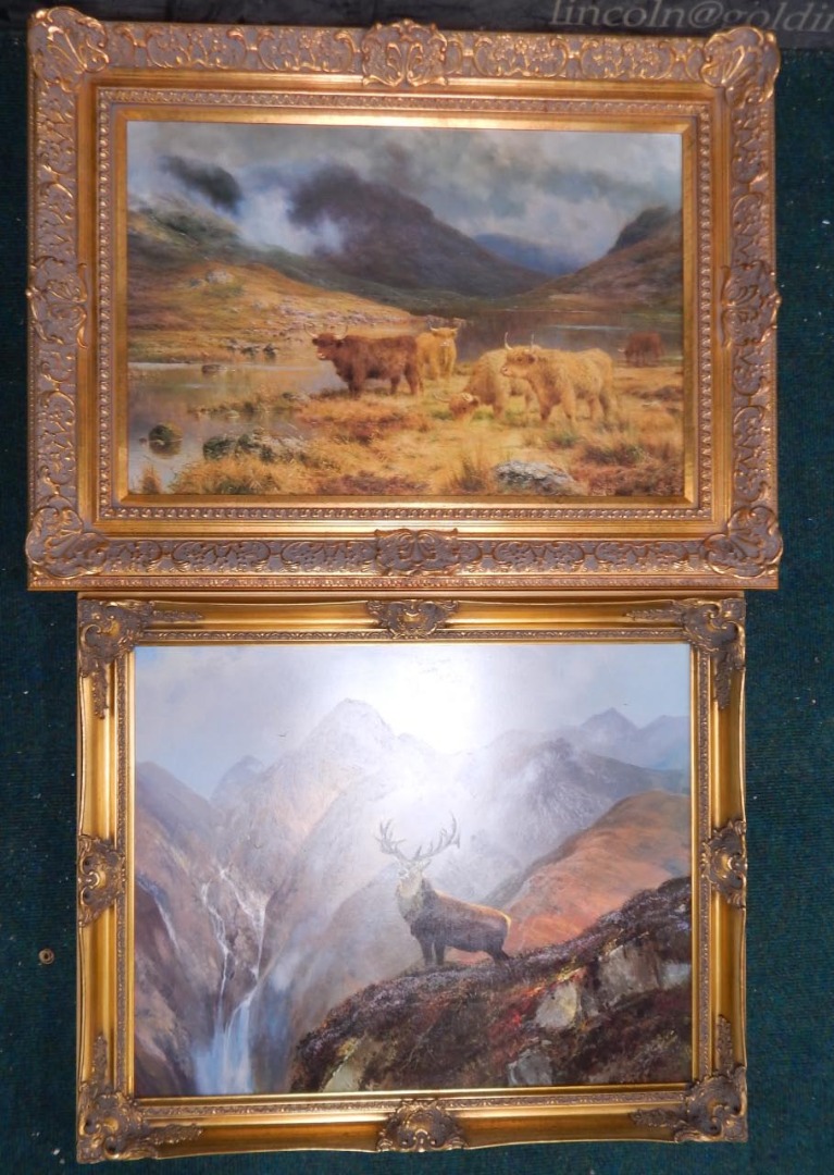 Appraisal: Coleman Stag within a mountain landscape oil on boards indistinctly