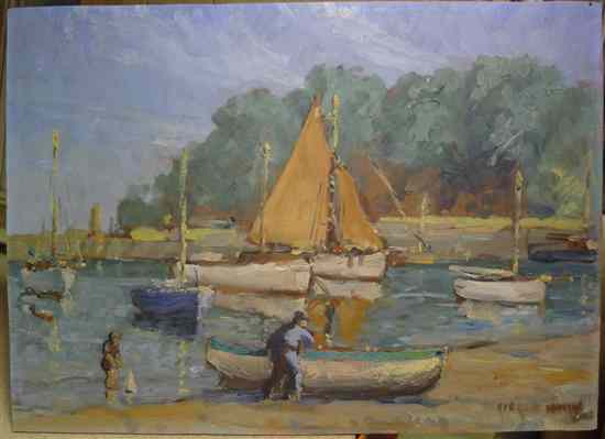 Appraisal: Alfred Hayward oil on board Harbour scene signed Unframed x