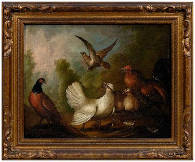 Appraisal: Anglo-Dutch School painting rooster and hens protecting chicks from a