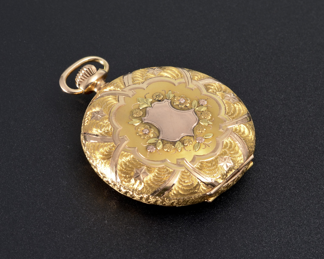 Appraisal: K MULTI COLOR GOLD ELGIN HUNTER CASE POCKET WATCH Circa