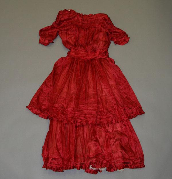 Appraisal: Victorian clothing vibrant aniline-dyed silk high waisted dress tatting lined