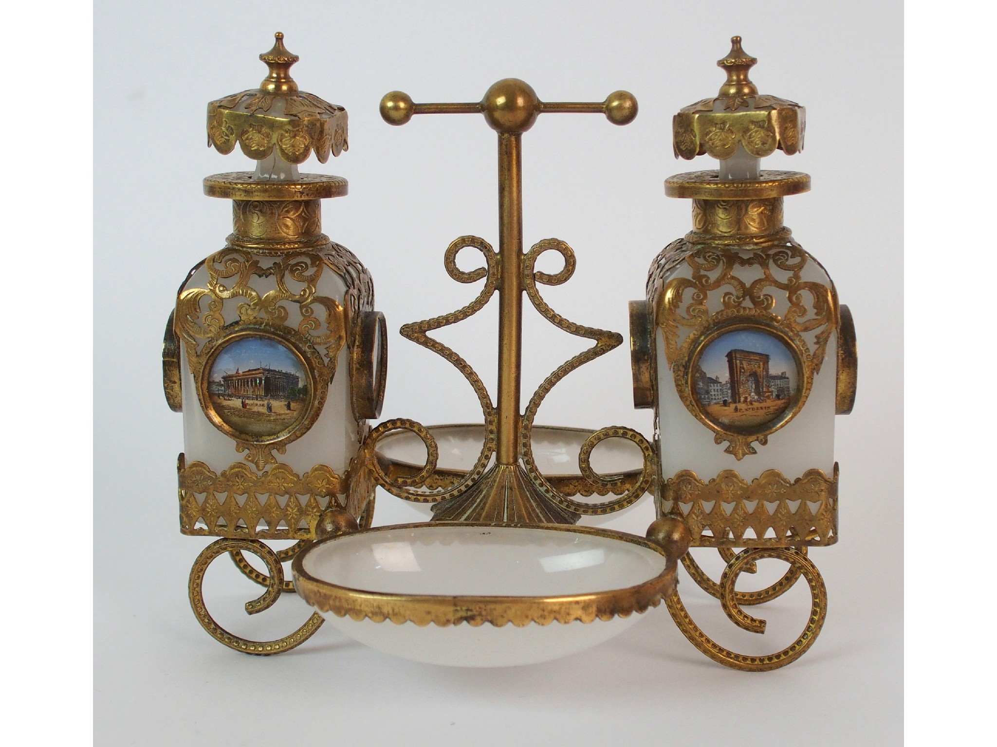 Appraisal: A French th Century opaline glass and brass double bottle