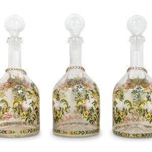 Appraisal: Three German Enameled Glass Decanters Retailed by Neiman Marcus th