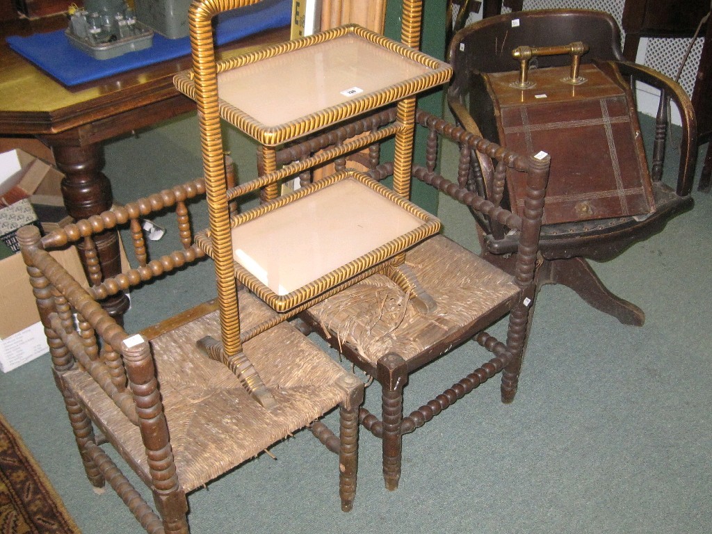 Appraisal: Lot comprising pair of corner chairs cakestand coalbox and a