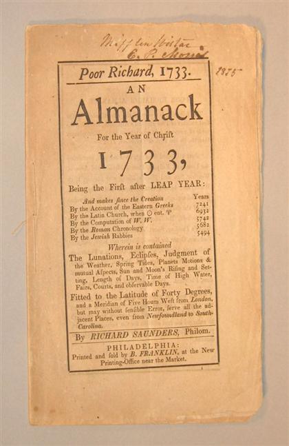 Appraisal: vol Franklin Benjamin Poor Richard An Almanack for The Year