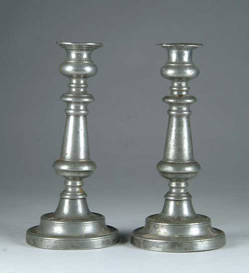 Appraisal: FINE PAIR OF PEWTER PUSH UP CANDLESTICKS Turned shaft with