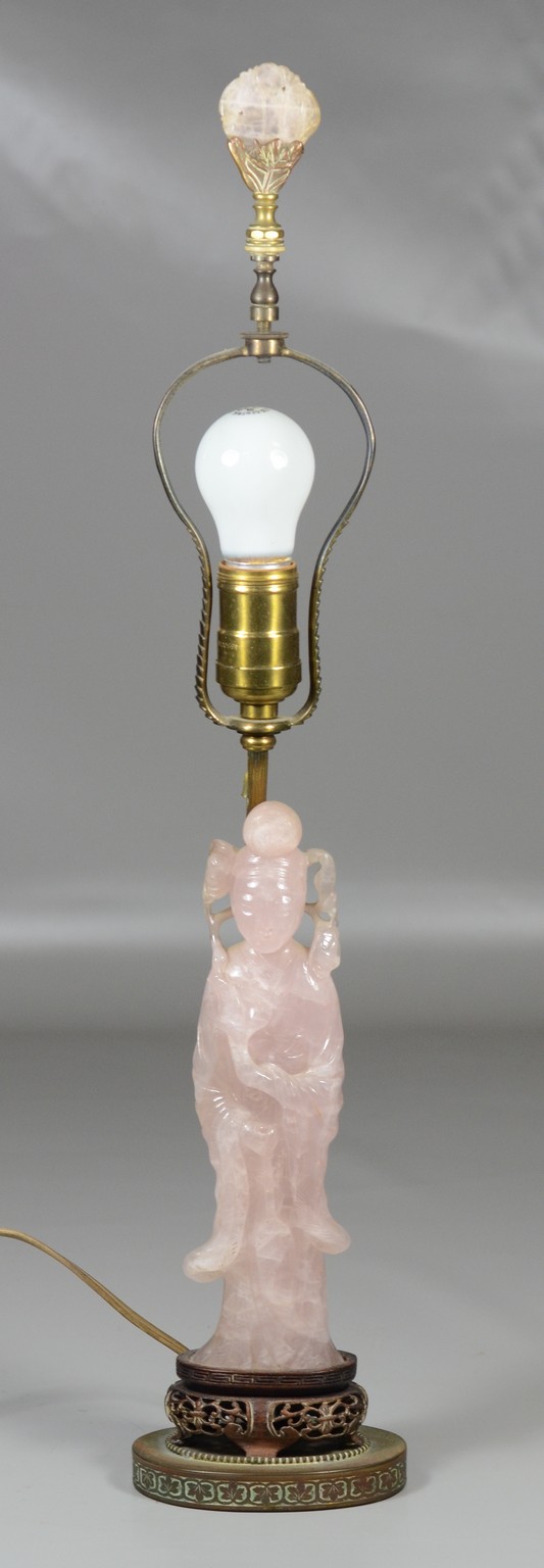 Appraisal: Chinese carved rose quartz figure mounted as lamp figure lamp