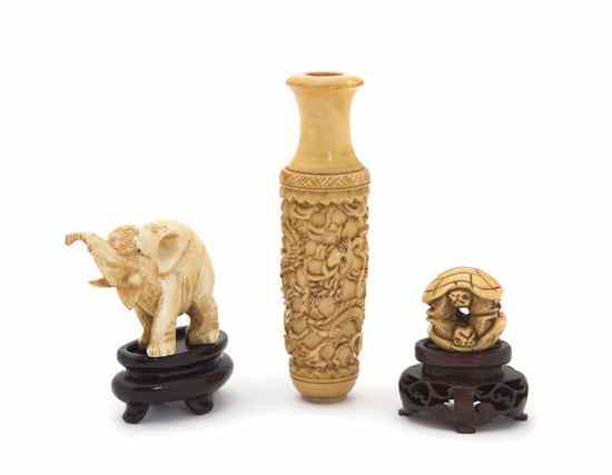 Appraisal: Three Carved Ivory Articles comprising a diminutive vase decorated with