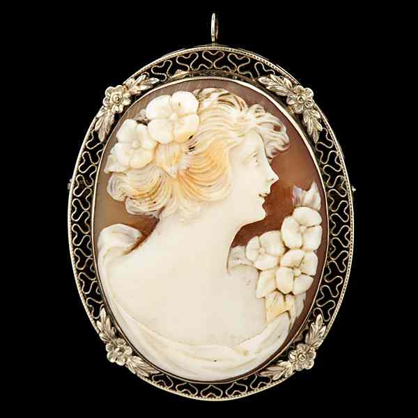 Appraisal: Smiling Cameo Brooch Pendant A K white gold bezel set