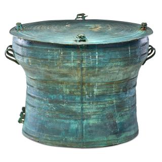 Appraisal: BRONZE RAIN DRUM Green verdigris surface with applied frogs and