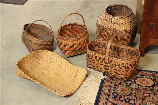 Appraisal: FIVE RIVER CANE BASKETS Including one corn sifter '' l