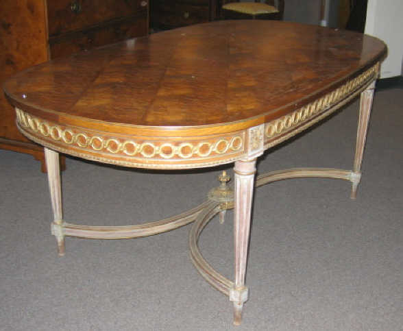 Appraisal: LOUIS XVI STYLE PARQUETRY DINING TABLE Geometric inlaid top of