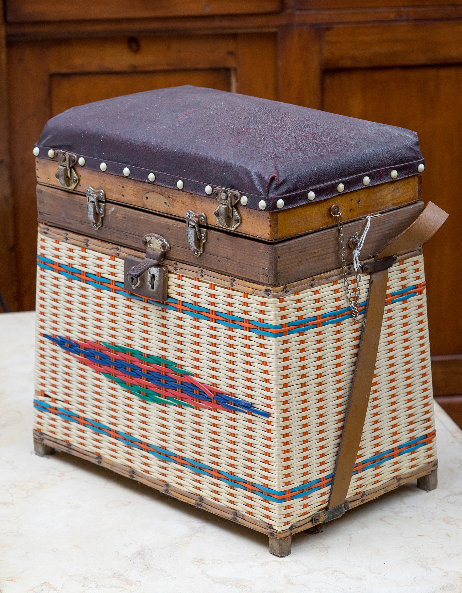 Appraisal: A s FRENCH WEAVED FISHING BASKET Compartmental with button bound