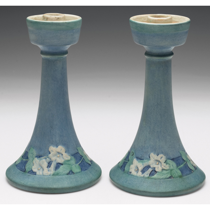 Appraisal: Good Newcomb College candlesticks pair finely carved and painted flowers