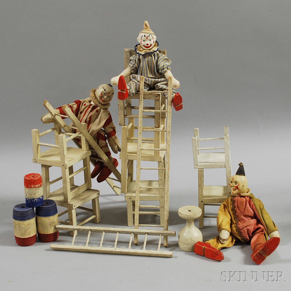 Appraisal: Carved and Painted Wooden Clown Play Set three carved and