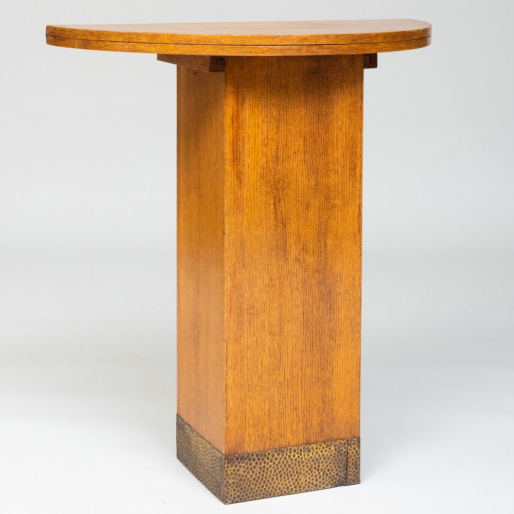 Appraisal: Modern Hammered Brass-Mounted Oak Fold-Over Demi-Lune Console The top opening