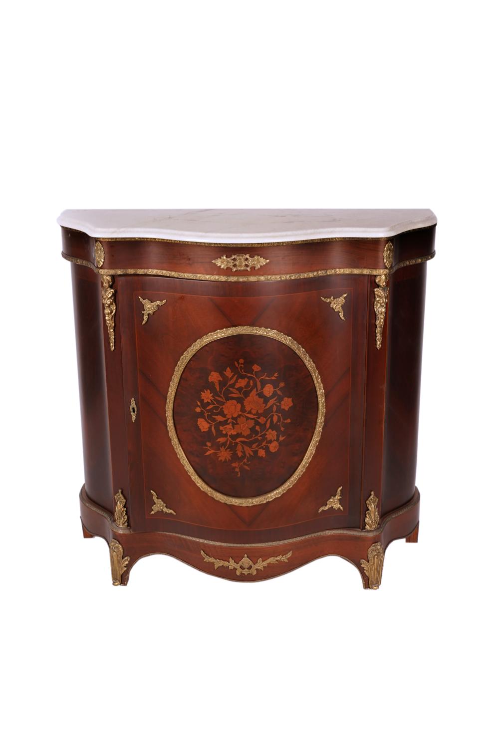 Appraisal: FRENCH STYLE MARQUETRY INLAID SIDE CABINET th Century with central