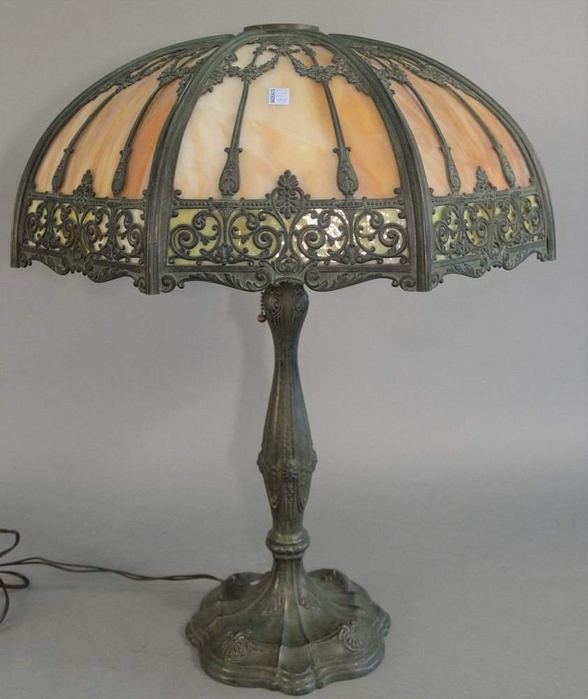 Appraisal: Slag Glass Table Lamp having eight carmel and green glass