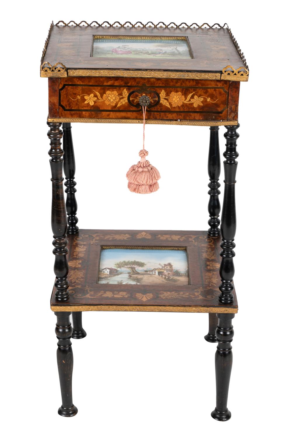 Appraisal: CONTINENTAL PORCELAIN-INSET MARQUETRY END TABLEwith gilt-metal mounts the partially galleried