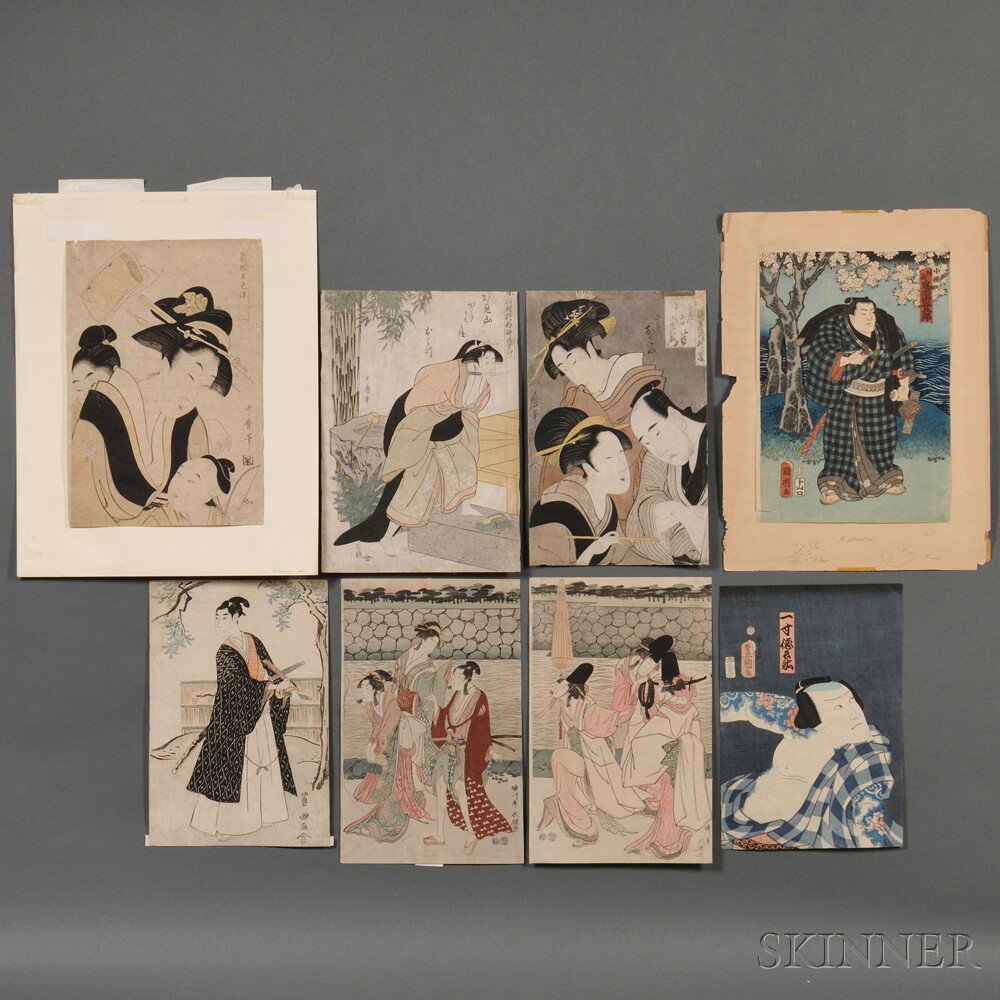 Appraisal: Eight Woodblock Prints Japan th century one by Toyokuni I