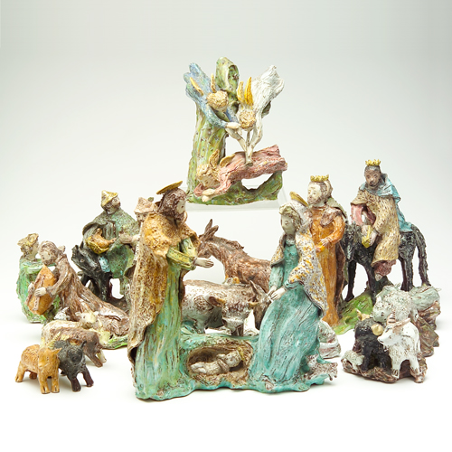 Appraisal: VICTOR CERRATO Italy Ten-piece faience Nativity grouping covered in polychrome