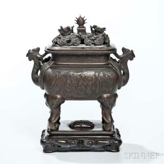 Appraisal: Bronze Covered Censer Bronze Covered Censer China compressed rounded rectangular