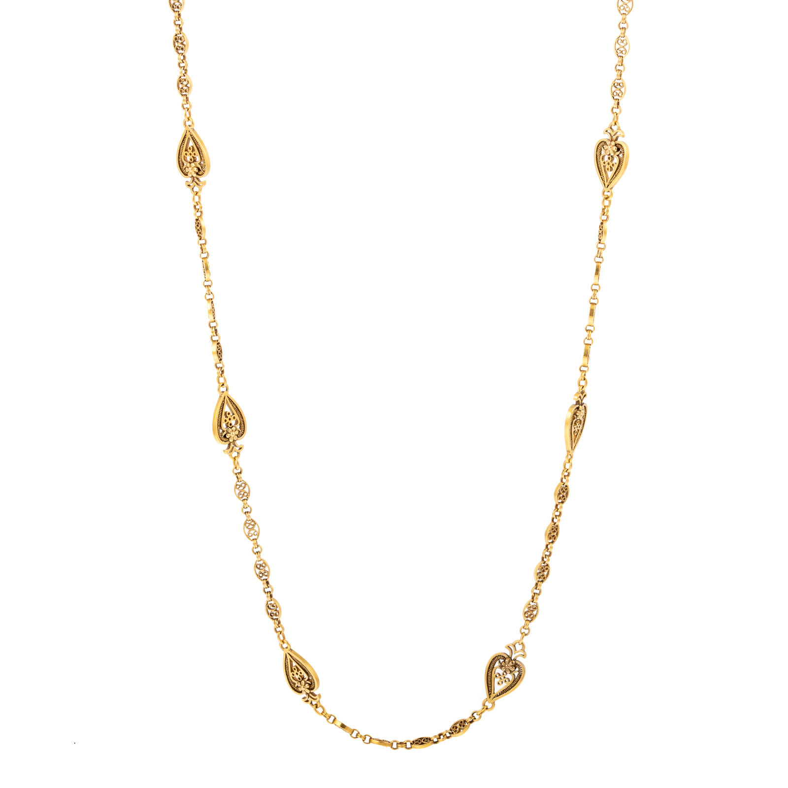 Appraisal: A LONG FILIGREE LINK STATION NECKLACE IN K K yellow