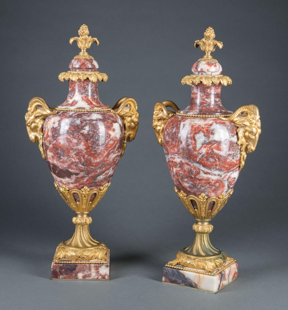 Appraisal: Pair of Empire-Style Marble and Bronze Urns th c ram's