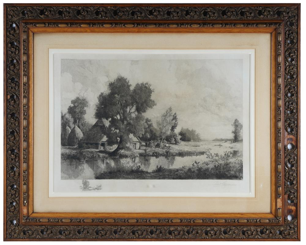 Appraisal: ROBERT C MINOR - LANDSCAPE WITH BARN AND COWSengraving pencil