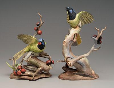 Appraisal: Two Boehm green jays each perched on crabapple bases with