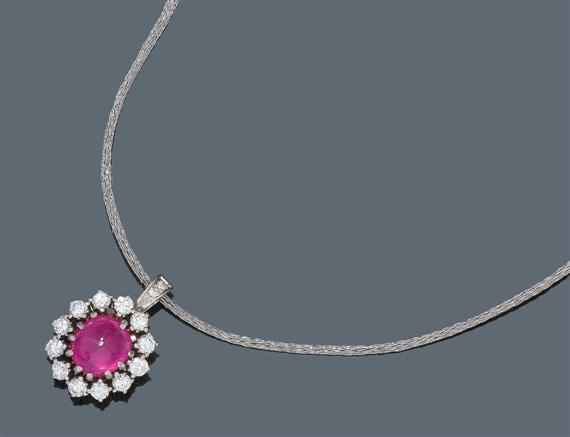 Appraisal: RUBY AND BRILLIANT-CUT DIAMOND PENDANT WITH CHAIN ca White gold