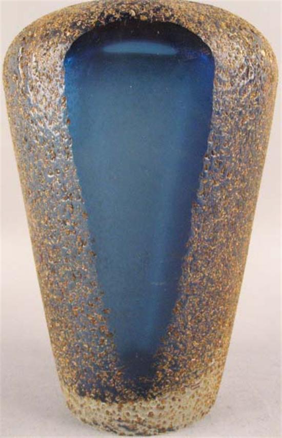 Appraisal: Very thick blue glass vase w textured brown surface Unsigned