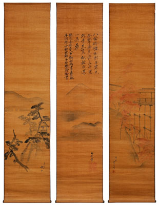 Appraisal: Three Japanese hanging scrolls ink and color on linen brocade