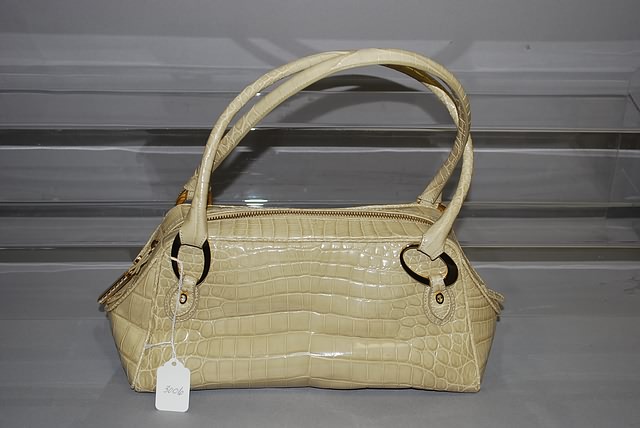 Appraisal: Judith Lieber tan beige alligator satchel handbag with jewel strap