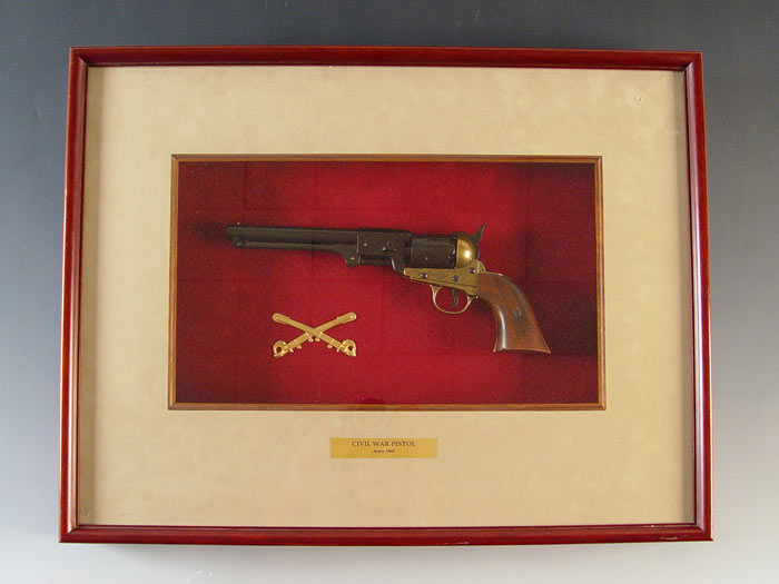 Appraisal: DECORATIVE FRAMED COLT ARMY REPLICA Non functioning replica of a