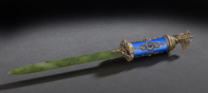 Appraisal: Faberge-Style Silver-Gilt Enamel and Jade Paper Knife in the manner