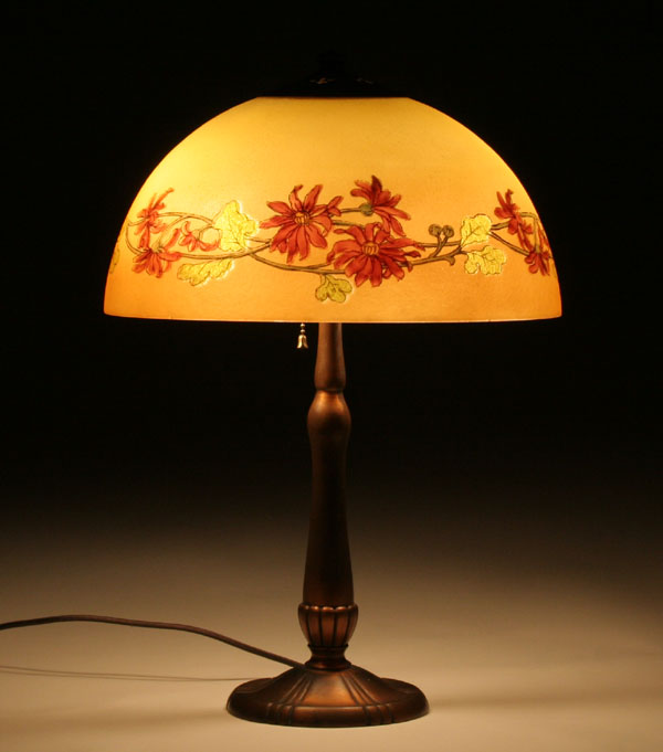 Appraisal: Handel reverse-painted floral table lamp domical amber art glass shade