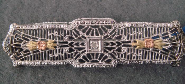 Appraisal: K WG filigree bar pin with small diamond x dwt