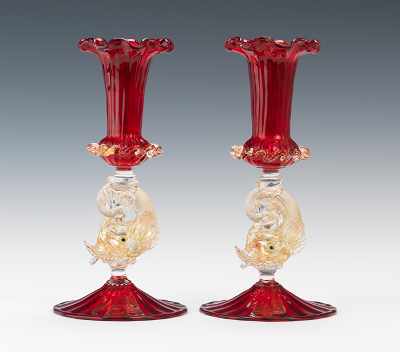 Appraisal: Venetian Glass Dolphin Candlesticks ca 's Ruby and clear glass