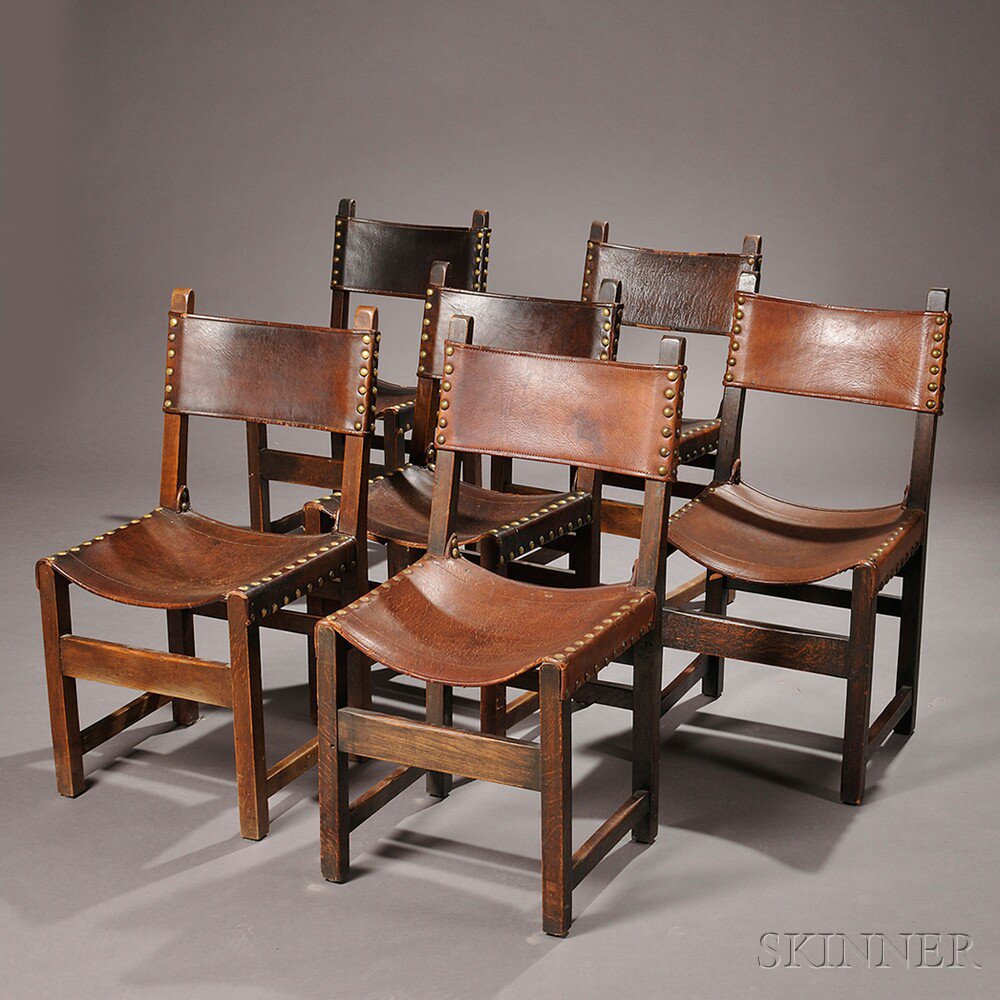 Appraisal: Six Arts Crafts Frailero-style Chairs Oak leather brass c Each