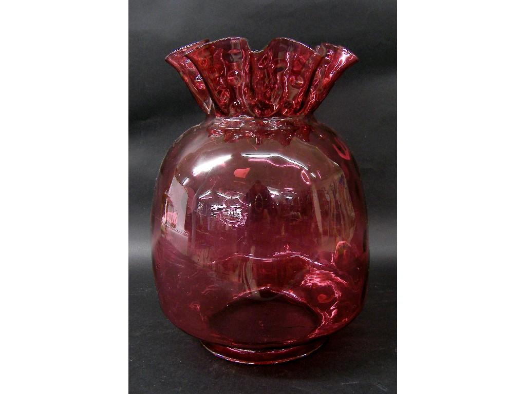 Appraisal: Impressive cranberry glass lamp shade the flared wavy rim over