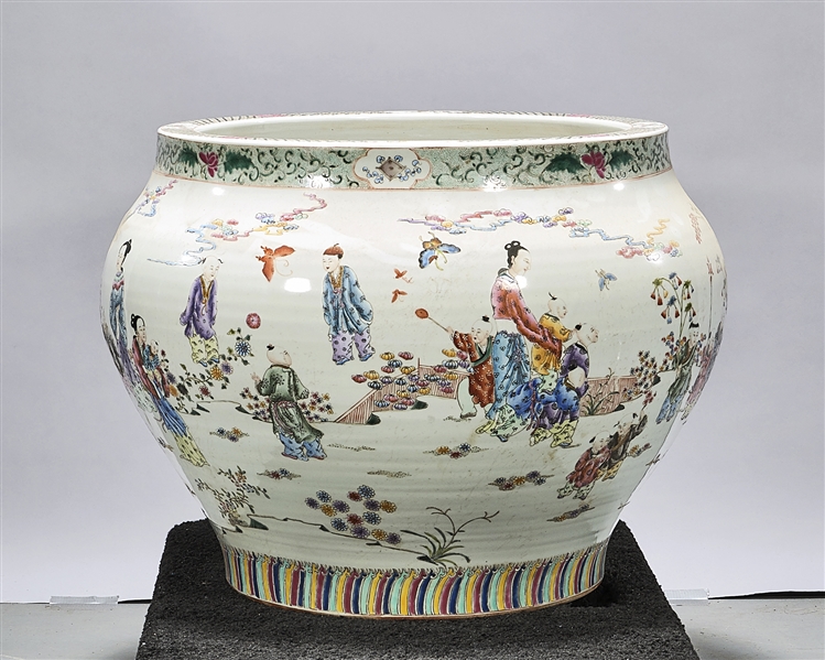 Appraisal: Large Chinese enameled porcelain fish bowl figures in a landscape