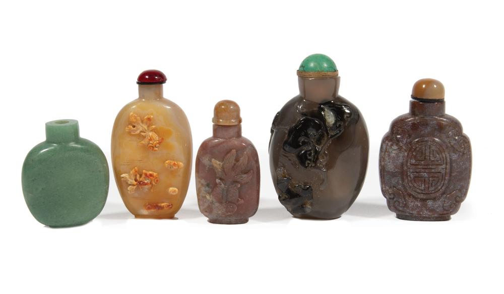 Appraisal: Five Chinese Hardstone Snuff Bottles incl agate jasper and aventurine