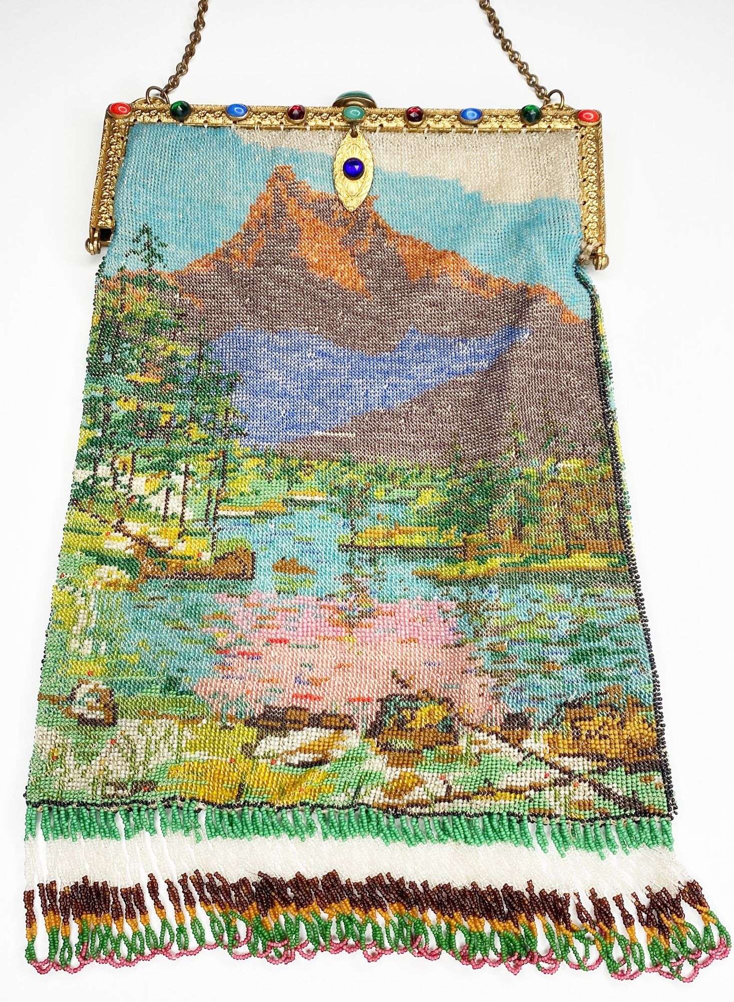 Appraisal: Micro Beaded Purse with Mountain and Lake Scene Jeweled Frame