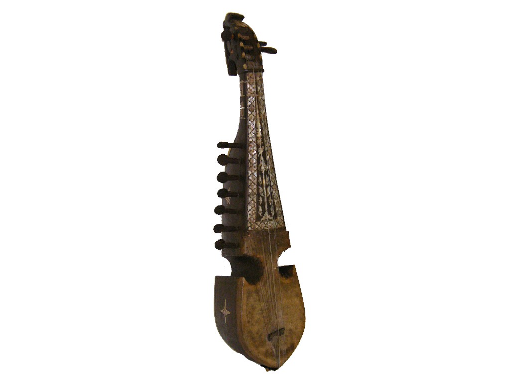 Appraisal: Interesting Indian pear shaped twelve string folk fiddle with waisted