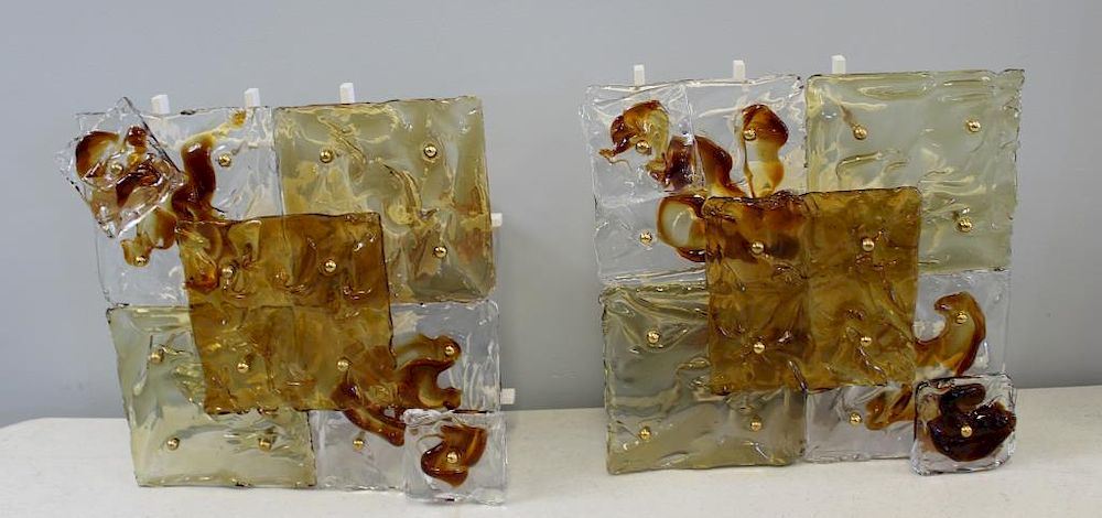 Appraisal: MIDCENTURY Pair of Amber and Clear Glass Sconces Great looking