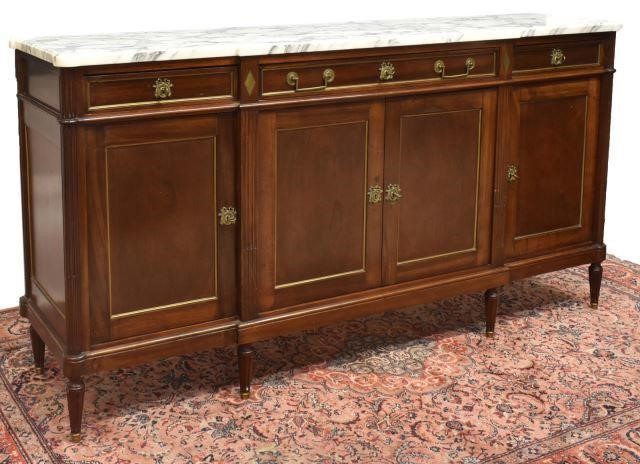 Appraisal: French Louis XVI style marble-top mahogany sideboard th c case