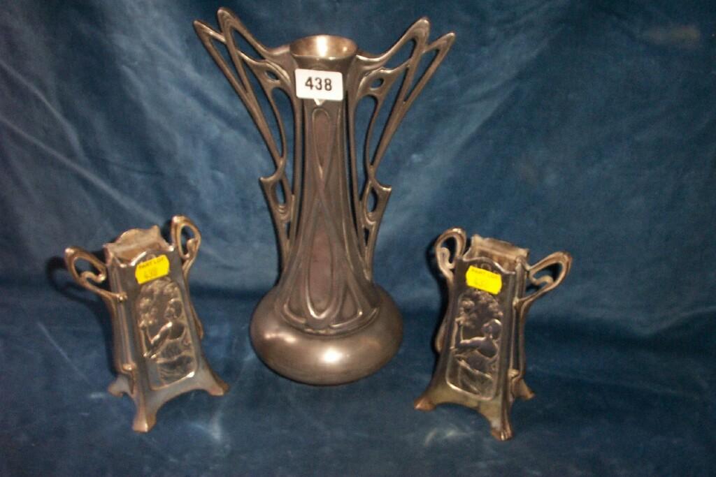 Appraisal: An Art Nouveau pewter -handled vase with embossed and pierced