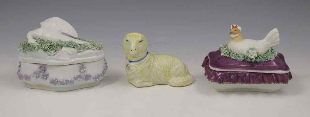 Appraisal: STAFFORDSHIRE FIGURAL TRINKET BOXES AND A LAMB The chicken match