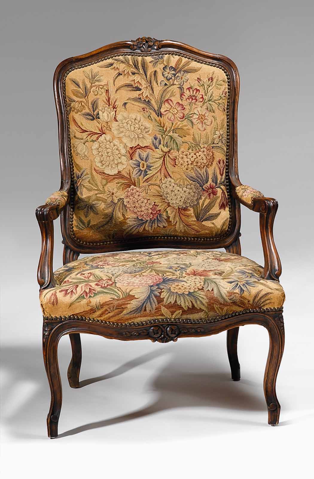 Appraisal: Louis XV style walnut and needlepoint fauteuil a la reine